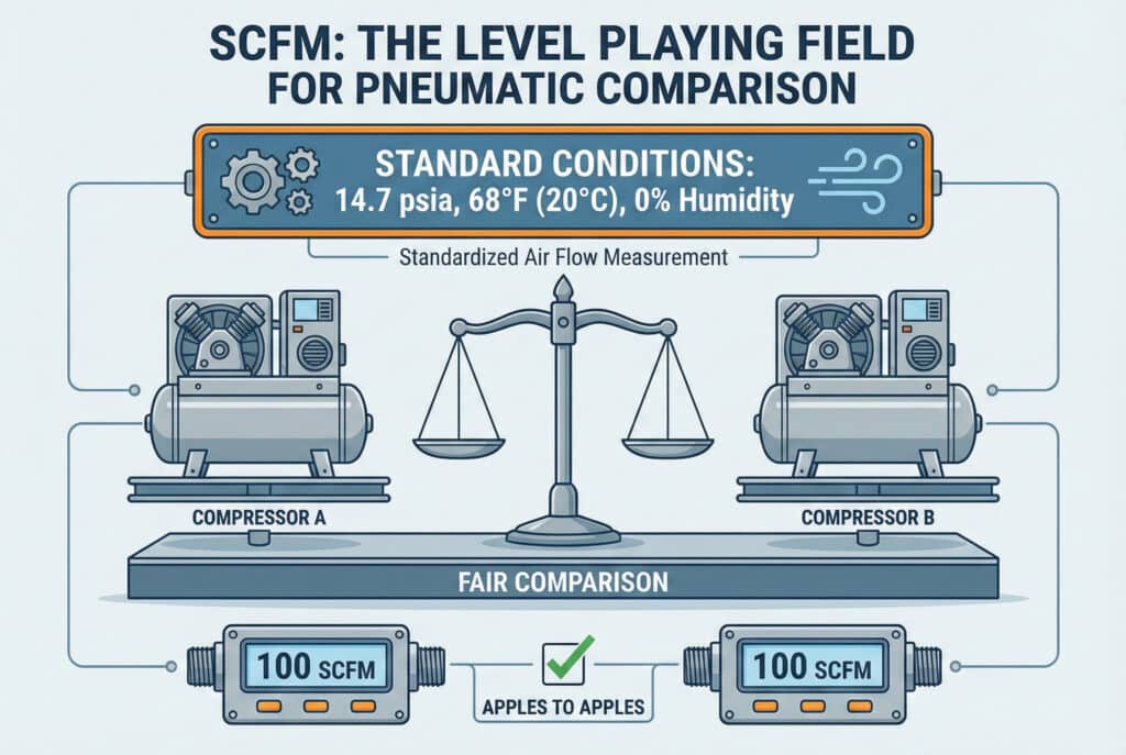 Tehnička infografika pod nazivom "SCFM: ravnopravni uslovi za poređenje pneumatskih sistema". Prikazana je uravnotežena vaga sa "Kompresorom A" i "Kompresorom B" na jednakim platformama. Iznad je na baneru navedeno "STANDARDNI USLOVI: 14,7 psia, 68°F (20°C), 0% vlažnost". Ispod su dva protokomjera prikazuju "100 SCFM" s oznakom "JABUKA S JABUKOM", ilustrirajući poštenu usporedbu.
