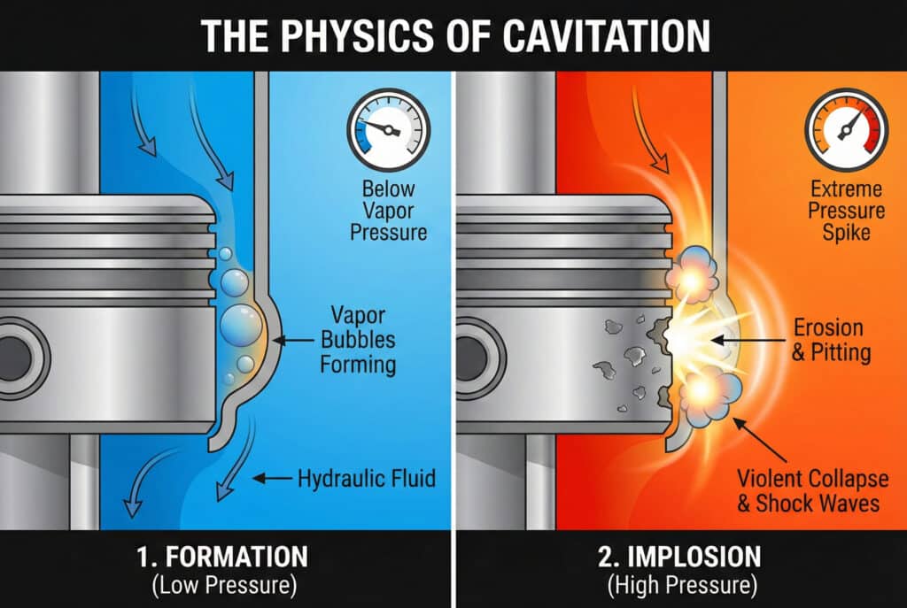 Tehnički dijagram s dva panela koji ilustrira fiziku kavitacije u hidrauličkoj tečnosti. Lijevi panel prikazuje mjehuriće pare koji se formiraju blizu klipa pri niskom pritisku. Desni panel prikazuje kako ti mjehurići nasilno implodiraju pri visokom pritisku, stvarajući šok-valove koji uzrokuju udubljenja i eroziju na površini metalnog klipa.