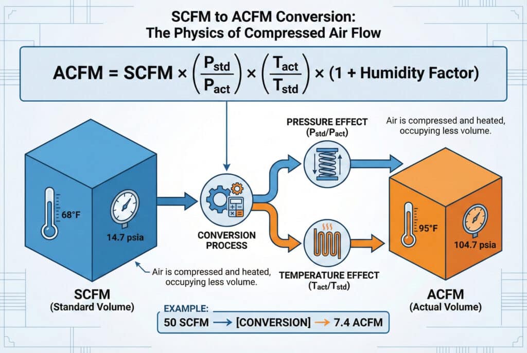 Tehnički dijagram koji ilustrira konverziju sa SCFM na ACFM. Gornji dio prikazuje formulu: ACFM = SCFM × (Pstd / Pact) × (Tact / Tstd) × (1 + faktor vlažnosti). Ispod toga, dijagram toka vizualizira proces: veliki plavi kockasti oblik koji predstavlja SCFM (standardni volumen) pri 68°F i 14,7 psia prolazi kroz ikonu "PROCES PRETVARANJA" (zupčanici). Prikazano je da na ovaj proces utječu "UTJECAJ PRITISKA (Pstd/Pact)" (ikona komprimovanog opruga) i "UTJECAJ TEMPERATURE (Tact/Tstd)" (ikona grijaćeg elementa). Rezultat je manji narandžasti kockasti prikaz ACFM (stvarni volumen) na 95°F i 104,7 psia. Na dnu je uključen praktičan primjer: "50 SCFM → [PRETVARANJE] → 7,4 ACFM".