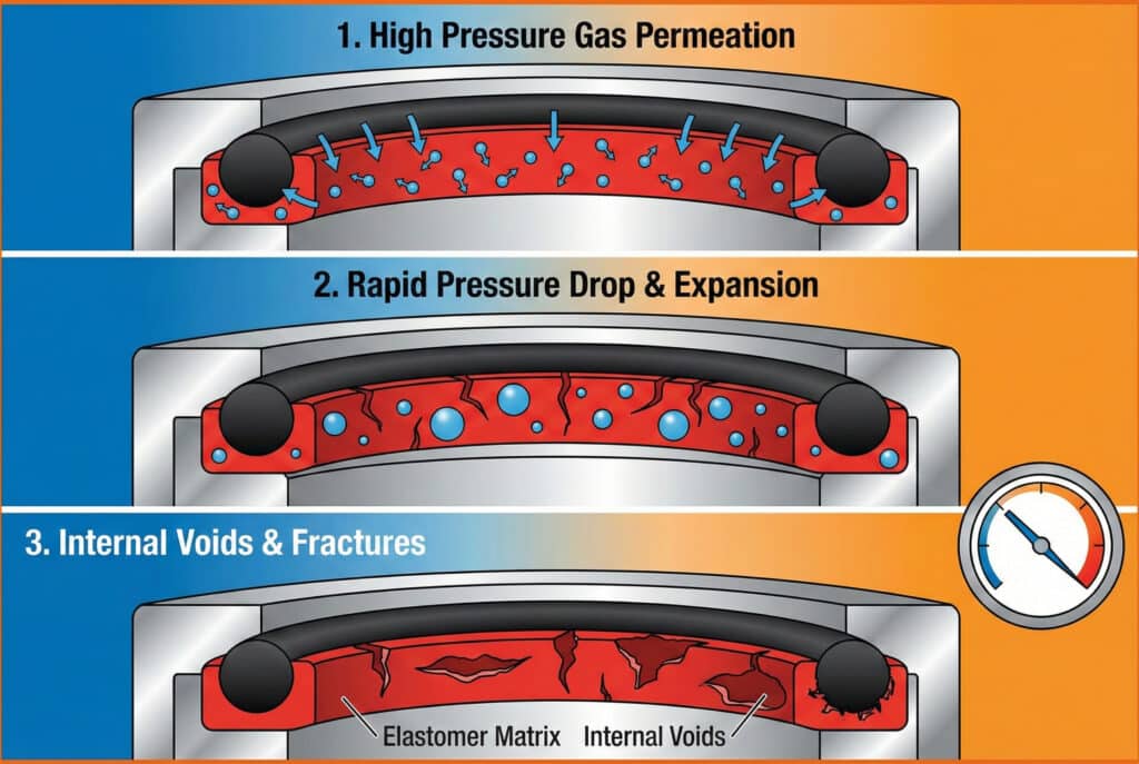 Diagram s tri panela ilustrira proces eksplozivne dekompresije u pneumatskom brtvenom prstenu. Gornji panel, 'Permeacija plina pod visokim pritiskom', prikazuje molekule plina koje ulaze u elastomernu matricu. Srednji panel, 'Brzi pad tlaka i ekspanzija', prikazuje molekule kako se šire i uzrokuju pukotine pri padu tlaka. Donji panel, 'Unutrašnje šupljine i pukotine', ističe nastalu štetu unutar elastomerne matrice.