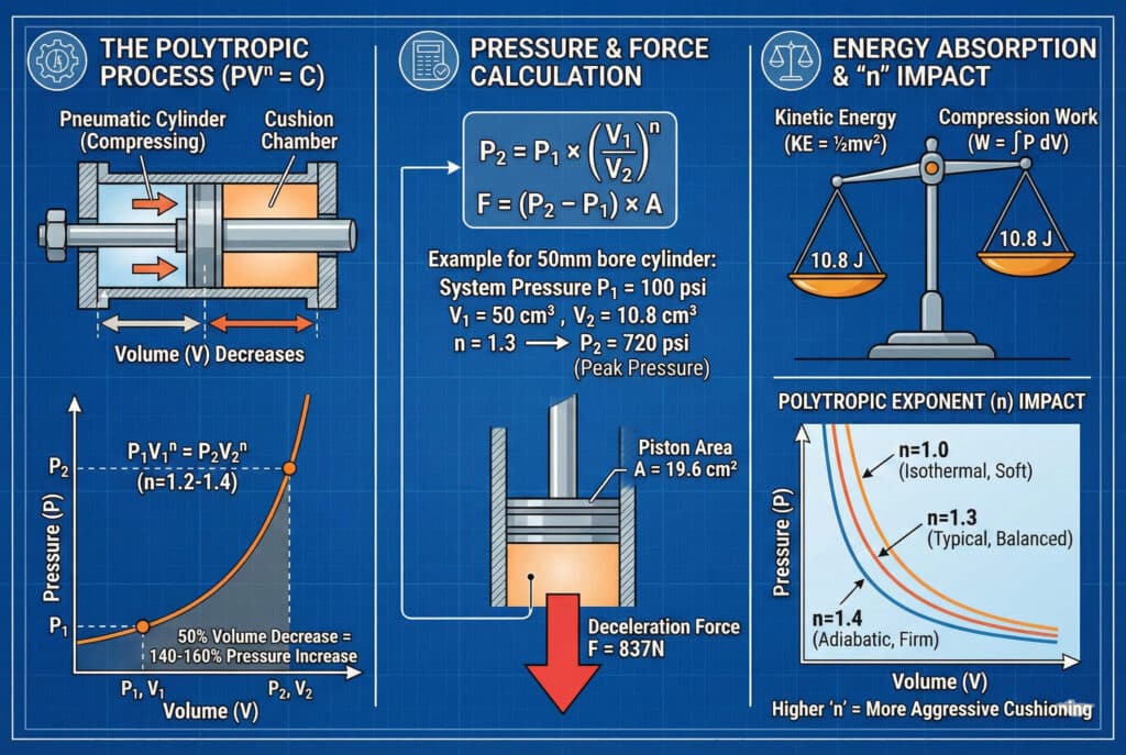 אינפוגרפיקה טכנית הממחישה את הפיזיקה של ריפוד פנאומטי בשלושה לוחות. הלוח הראשון מסביר את התהליך הפוליטרופי ($PV^n = C$) באמצעות תרשים צילינדר וגרף לחץ-נפח. הלוח השני מפרט את חישובי הלחץ והכוח באמצעות נוסחאות ודוגמה מעשית, שתוצאתה היא לחץ שיא של 720 psi וכוח של 837N. הפאנל השלישי ממחיש את איזון ספיגת האנרגיה ומראה באופן גרפי כיצד מקדמים פוליטרופיים שונים (n=1.0 עד 1.4) משפיעים על עוצמת הריפוד.