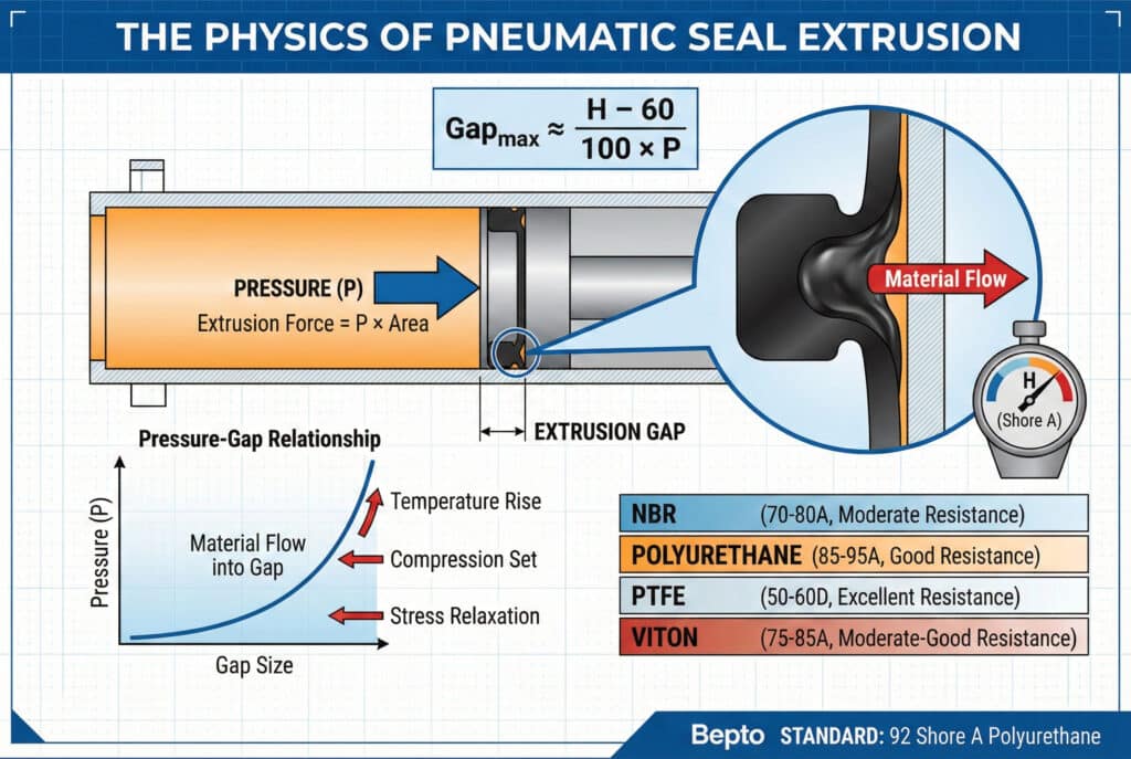 อินโฟกราฟิกทางเทคนิคที่ครอบคลุมซึ่งแสดงภาพฟิสิกส์ของการอัดรีดซีลนิวเมติก มีสูตร Gap_max ≈ (H - 60) / (100 × P) ภาพตัดขวางของกระบอกสูบที่แสดงการไหลของวัสดุเข้าสู่ช่องว่างการอัดรีดภายใต้แรงดัน และเครื่องวัดความแข็ง (H) กราฟแสดงความสัมพันธ์ระหว่างความดันกับช่องว่าง และตารางเปรียบเทียบความต้านทานของวัสดุซีล NBR, โพลียูรีเทน, PTFE และ Viton.