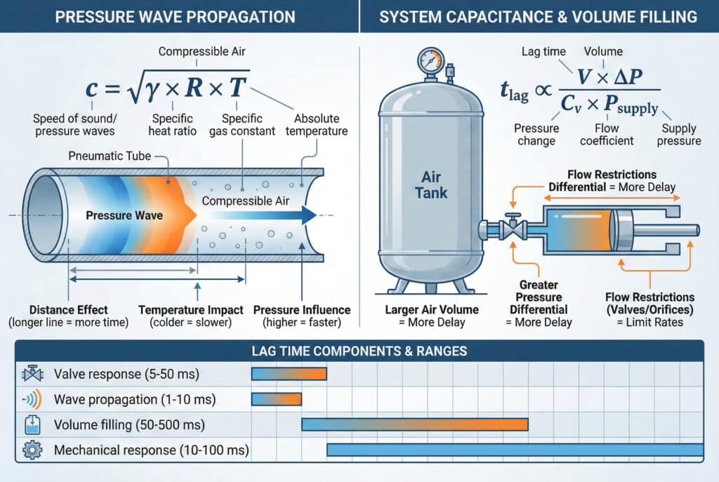 Tehnička infografika koja ilustrira fiziku kašnjenja privremene reakcije na pritisak u pneumatskim sistemima. Lijeva ploča detaljno prikazuje "Propagaciju talasa pritiska" sa formulom brzine zvuka c = √(γ × R × T). Desna ploča objašnjava "Kapacitivnost sistema i popunjavanje zapremine" koristeći dijagram rezervoara zraka i formulu za vrijeme kašnjenja. Donji odjeljak je dijagram koji prikazuje "Komponente i raspone vremena kašnjenja" za odziv ventila, propagaciju talasa, punjenje zapremine i mehanički odziv.