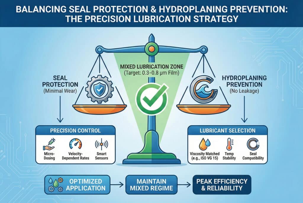 Infografika ar nosaukumu "BALANSĒTA VĀKU AIZSARDZĪBA UN HIDROPLANĒŠANAS NOVĒRŠANA: PRECĪZAS SMĒRĒŠANAS STRATĒĢIJA". Centrālā svara skala ilustrē nepieciešamo līdzsvaru starp "VĀKU AIZSARDZĪBU (minimāla nodiluma)" kreisajā pusē, ko atbalsta "PRECĪZA KONTROLE" (mikrodozēšana, ātrumam atkarīgas devas, viedie sensori), un "hidroplanēšanas novēršana (bez noplūdēm)" labajā pusē, ko atbalsta "SMĒRVIELAS IZVĒLE" (atbilstoša viskozitāte, temperatūras stabilitāte, saderība ar blīvēm). Līdzsvara skala ir līdzsvarota mērķa "JAUKTĀ SMĒRĒŠANAS ZONA (0,3–0,8 μm plēve)" punktā, kas norādīts ar zaļu atzīmi. Plūsmas diagramma apakšā parāda, ka "OPTIMIZĒTA PIELIETOŠANA" noved pie "JAUKTĀ REŽĪMA UZTURĒŠANAS", kā rezultātā tiek sasniegta "MAKSIMĀLA EFEKTIVITĀTE UN UZTICAMĪBA"."