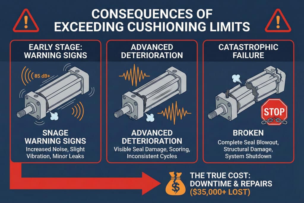 Tehnička infografika pod naslovom "POSLJEDICE PREKORAČENJA OGRANIČENJA AMORTIZACIJE". Prikazuje tri faze kvara cilindra u odvojenim panelima: "RANA FAZA" (buka, curenja), "NAPREDNO OŠTEĆENJE" (oštećenje brtve, oštećenja površine), i "KATASTOFALNI KVAJ" (slomljen cilindar, zaustavljanje sustava). Velika crvena strelica na dnu vodi do slomljene ikone vrećice novca i teksta "PRAVA CIJENA: MIROVANJE I POPRAVCI ($35,000+ GUBITAK)".