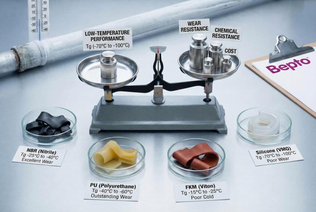 Fotografija laboratorijske vage na radnoj klupi koja ilustrira kompromise pri odabiru materijala brtve. Jedna strana nosi "Performanse na niskim temperaturama" s rasponima Tg, a suprotna strana "Otpornost na habanje, hemijsku otpornost, cijenu." Četiri Petrijeve posude u prvom planu sadrže uzorke NBR, PU, FKM i silikonskih elastomera, svaka označena rasponom specifičnih temperatura staklenog prijelaza (Tg) i ključnim karakteristikama performansi (npr. "izvrsna otpornost na habanje" ili "slaba otpornost na hladnoću"). U pozadini se nalazi zamrznuta, zaleđena cijev i termometar s očitanom temperaturom od -40 °C, pored Bepto držača za bilješke.