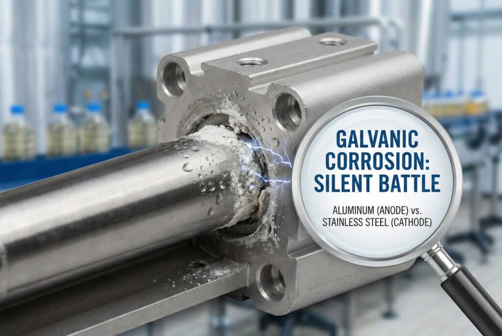 Krupni plan fotografije koroziralog pneumatskog cilindra u vlažnom industrijskom okruženju. Grafika lupe prekriva spoj između šipke od nehrđajućeg čelika i aluminijske glave, koja je prekrivena bijelim prahom korozije. U lupi piše "GALVANSKA KOROZIJA: TIHA BITKA" i "ALUMINIJ (ANODA) vs. NEHRĐAJUĆI ČELIK (KATODE)". Električne iskre su vizualno prikazane na mjestu kontakta.