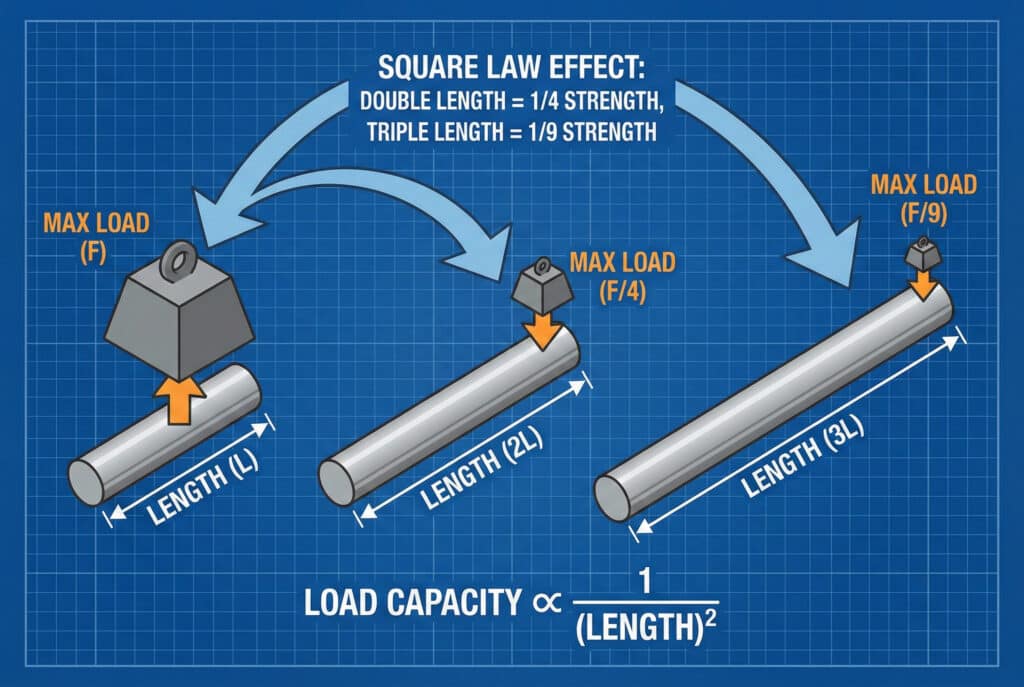Edukativna infografika pod nazivom "EFEKT KVADRATNOG ZAKONA" na plavoj pozadini ilustrira odnos između dužine šipke i čvrstoće pri savijanju. Prikazuje tri šipke rastuće dužine: L, 2L i 3L. Velika težina je poduprta šipkom dužine L, a opterećenje je označeno kao "MAX LOAD (F)". Mnogo manja težina je podržana šipkom dužine 2L, a opterećenje je označeno kao "MAX LOAD (F/4)". Još manja težina je podržana šipkom dužine 3L, a opterećenje je označeno kao "MAX LOAD (F/9)". Strelice pokazuju da udvostručenje dužine rezultira snagom od 1/4, a utrostručenje dužine snagom od 1/9. Formula ispod glasi "KAPACITET OPTERETNJA ∝ 1 / (DUŽINA)²".