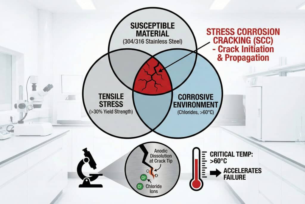 อินโฟกราฟิกทางเทคนิคที่แสดงเงื่อนไขสามประการสำหรับการเกิดรอยแตกร้าวจากการกัดกร่อนเนื่องจากความเค้น (SCC): แผนภาพเวนน์แสดงการทับซ้อนของ "วัสดุที่ไวต่อการกัดกร่อน (สแตนเลส 304/316), ความเค้นดึง (>30% ความแข็งแรงที่จุดคราก) และ สภาพแวดล้อมที่กัดกร่อน (คลอไรด์, >60°C)" ซึ่งส่งผลให้เกิด SCCภาพขยายด้านล่างแสดงให้เห็นการละลายแบบแอโนดิกที่ปลายรอยแตกซึ่งเกิดจากไอออนคลอไรด์ และเทอร์โมมิเตอร์แสดงอุณหภูมิที่สูงกว่า 60°C ซึ่งเร่งให้เกิดความเสียหาย.