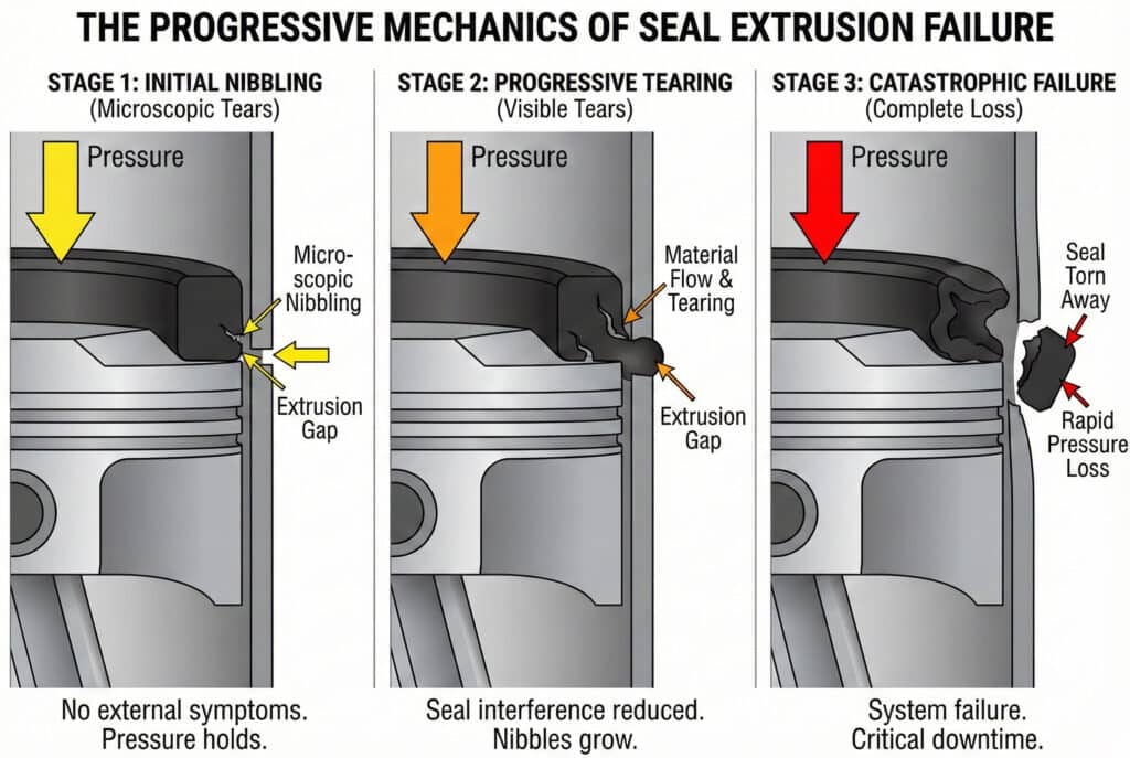 อินโฟกราฟิกทางเทคนิคแบบสามแผงที่แสดงกลไกการเกิดความล้มเหลวของการอัดซีลแบบก้าวหน้า ขั้นตอนที่ 1 แสดงให้เห็น "การกัดกินเริ่มต้น" โดยมีรอยฉีกขาดขนาดเล็กมากที่ขอบซีลใกล้ช่องว่างการอัดขึ้นรูปภายใต้แรงดันสีเหลือง ขั้นตอนที่ 2 แสดงให้เห็น "การฉีกขาดที่ก้าวหน้า" โดยมีรอยฉีกขาดที่ใหญ่ขึ้นและสามารถมองเห็นได้ชัดเจน พร้อมกับการไหลของวัสดุเข้าสู่ช่องว่างภายใต้แรงดันสีส้ม ขั้นตอนที่ 3 แสดงให้เห็น "ความล้มเหลวอย่างรุนแรง" โดยมีส่วนหนึ่งของซีลฉีกขาดออกไปเป็นบริเวณกว้าง ทำให้เกิดการสูญเสียแรงดันอย่างรวดเร็วภายใต้แรงดันสีแดง.
