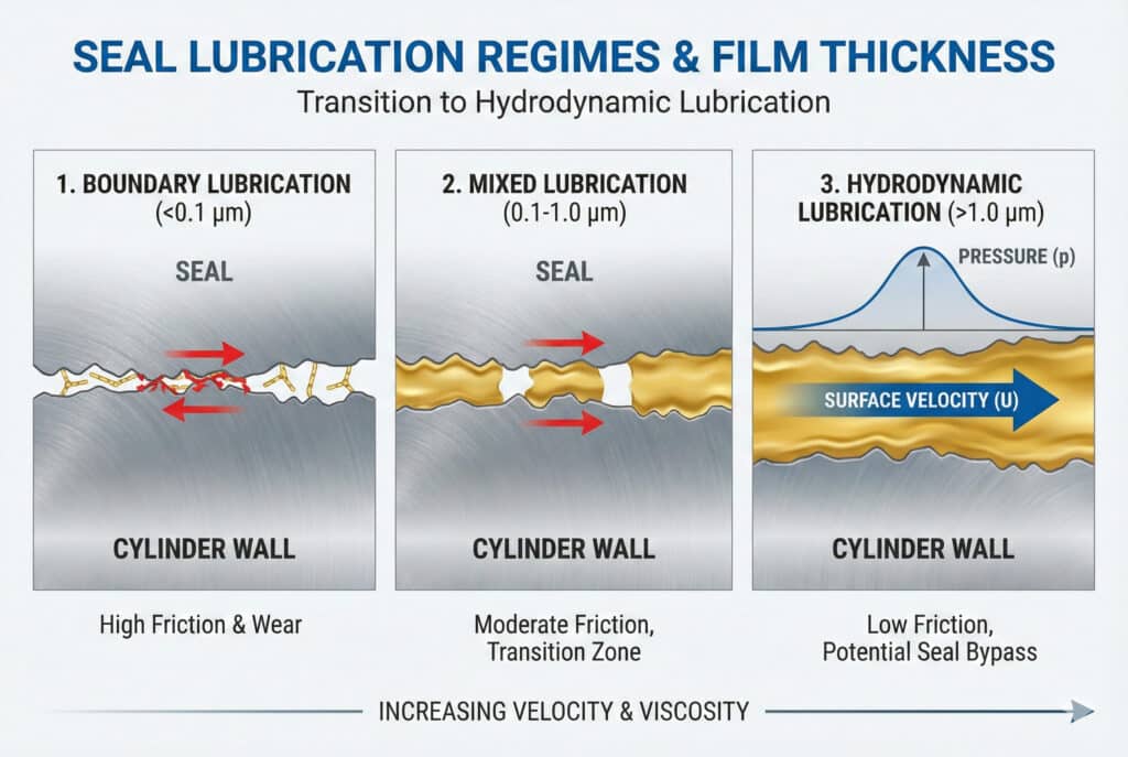 Tehnički dijagram koji ilustrira prijelaz kroz tri režima podmazivanja brtve na osnovu debljine filma: granično podmazivanje (1,0 μm, niska trenja). Pokazuje kako povećanje brzine stvara tlak tekućine koji odvaja brtvu od zida cilindra.