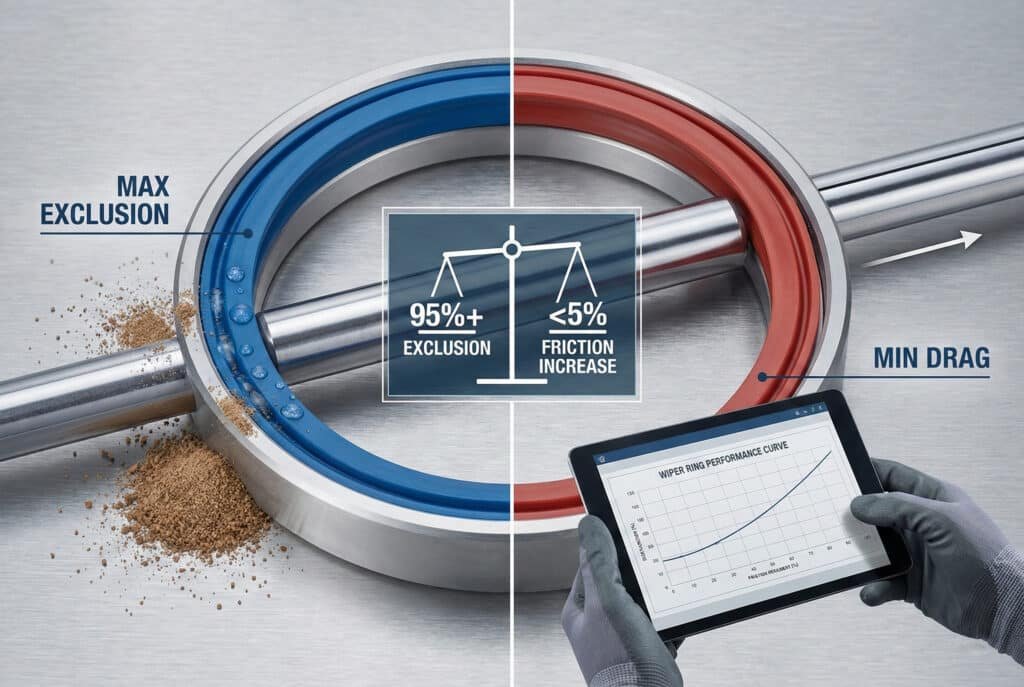 O grafică tehnică cu ecran divizat care ilustrează compromisul inelului ștergătorului, partea stângă arătând un inel albastru care blochează contaminanții ("MAX EXCLUSION"), iar partea dreaptă arătând un inel roșu cu frecare redusă ("MIN DRAG"). O grafică cu o balanță și tableta unui inginer evidențiază indicatorii de performanță optimi "95%+ EXCLUSION" și "<5% FRICTION INCREASE".