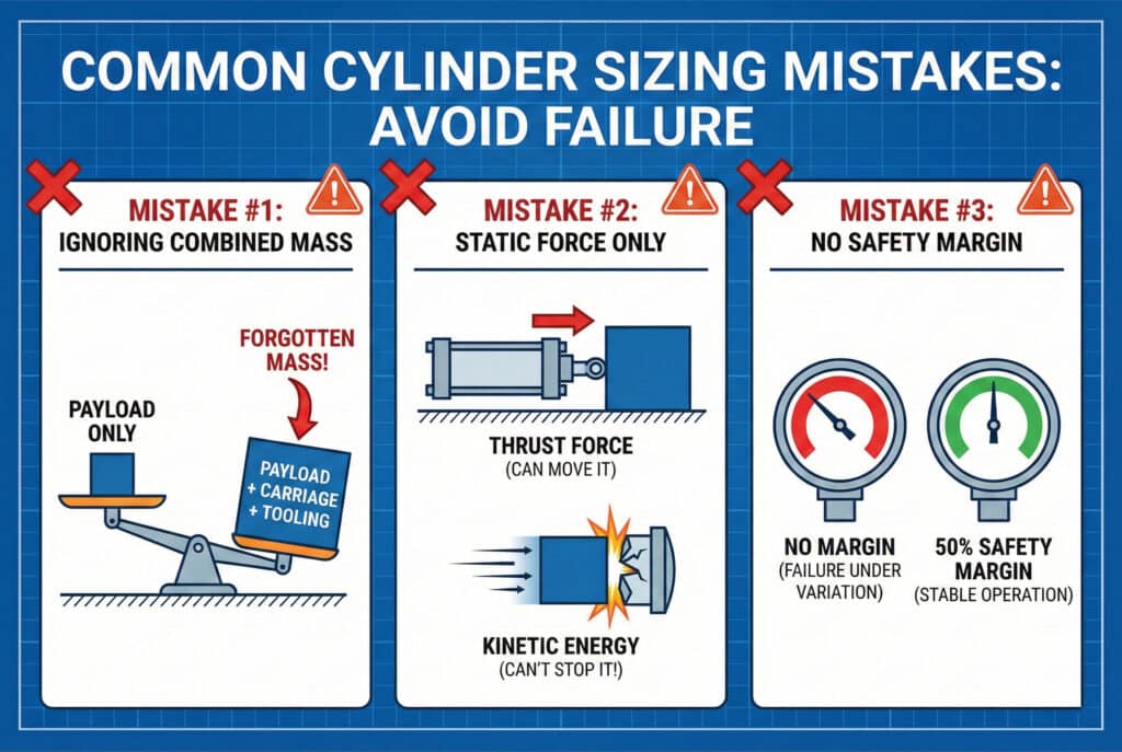 Tehnička infografika u tri panela na pozadini nacrta pod nazivom "UOBIČAJENE GREŠKE U ODREĐIVANJU PREČNIKA CILINDRA: IZBJEGNITE NEUSPJEH." Panel 1 ilustrira "IGNORISANJE KOMBINIRANE MASENOsti" pomoću vaga koja se naginje prema ukupnoj težini tereta, kola i alata. Panel 2 prikazuje "Samo statička sila", gdje cilindar može pomjeriti teret, ali ga ne može zaustaviti zbog kinetičke energije. Panel 3 kontrastira "NEMA SIGURNOSNE MARŽE" (crveni pokazivač, kvar) sa "50% SIGURNOSNE MARŽE" (zeleni pokazivač, stabilan rad).