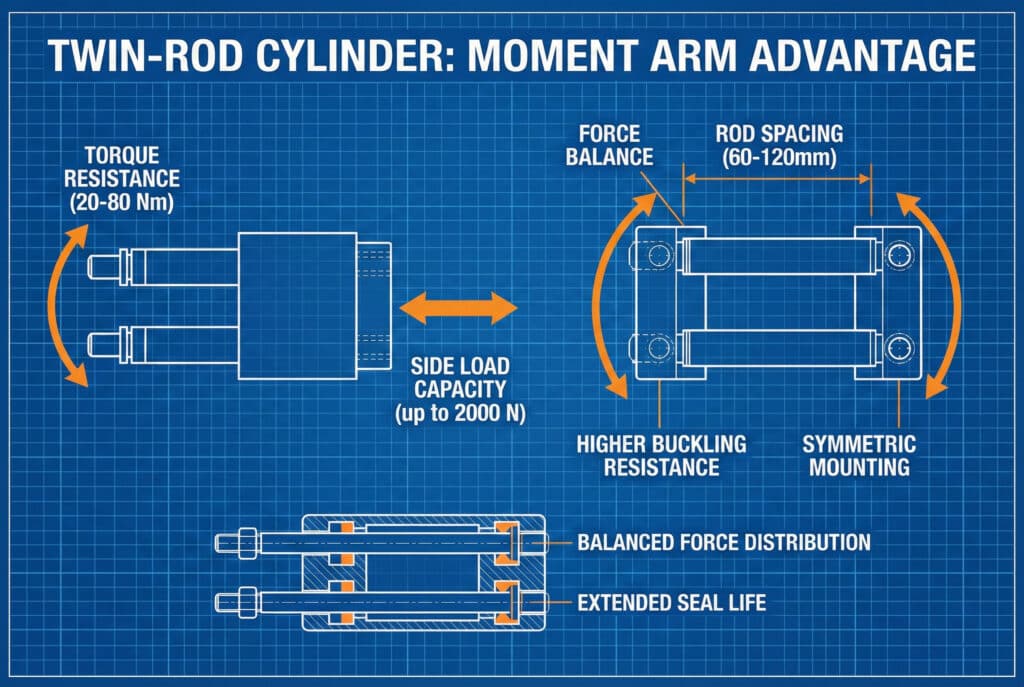 Tehnički nacrt koji ilustrira mehaničke prednosti pneumatskog cilindra s dvostrukim klizačem. Prikazuje kako razmak klizača stvara polužni moment, pružajući visoku otpornost na moment (20–80 Nm), veliki kapacitet bočnog opterećenja (do 2000 N), uravnoteženu raspodjelu sile i produžen vijek trajanja zaptivača u usporedbi s dizajnima s jednim klizačem.