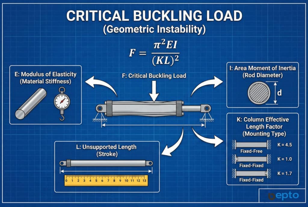 Tehnička infografika koja ilustrira formulu kritičnog savojnog opterećenja, F = (π²EI) / (KL)², za pneumatske cilindre na pozadini tehničkog crteža. Prikazuje i definira svaku varijablu: Sila (F) koja prikazuje cilindarsku šipku pri savijanju, Modul elastičnosti (E) za krutost materijala, Moment inercije poprečnog presjeka (I) u odnosu na promjer šipke, Neopterećena dužina (L) ili hod mjeren linealom, te Faktor efektivne dužine stuba (K) koji prikazuje različite vrste montaže i njihove vrijednosti.