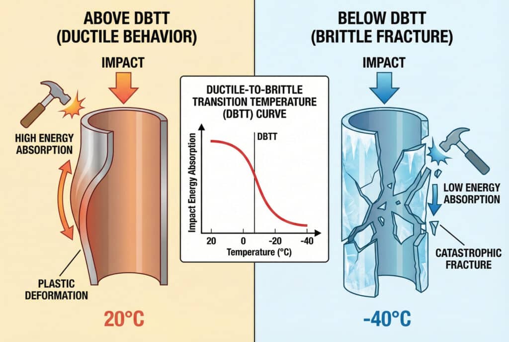 Tehnička infografika koja uspoređuje ponašanje duktilnog materijala na 20 °C (visoko upijanje energije, plastična deformacija) i krhko lomljenje na -40 °C (nisko upijanje energije, katastrofalan otkaz). Centralni grafikon prikazuje krivu temperature prijelaza iz duktilnog u krhko stanje (DBTT), pokazujući oštar pad upijanja energije udarca kako temperatura opada.