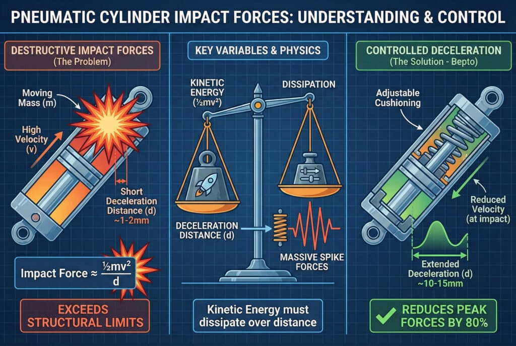 Tehnička infografika koja objašnjava udarne sile pneumatskog cilindra. Lijevi panel prikazuje scenarij "Destruktivnih udarnih sila" sa cilindrom, ističući "Pokretnu masu (m)", "Visoku brzinu (v)" i "Kratku udaljenost za usporavanje (d) ~1-2 mm", što dovodi do "Ogromnih sila bodlji". Središnji panel objašnjava "Ključne varijable i fiziku" s vaganom koji prikazuje "Kinetičku energiju (½mv²)", "Dissipaciju" i "Udaljenost za usporavanje (d)". Desni panel ilustrira "Kontrolirano usporavanje (Bepto rješenje)" pomoću cilindra sa "podešavanjem amortizacije", "produženom distancom za usporavanje (d) ~10-15 mm" i zaključkom "Smanjuje vršne sile za 80%".