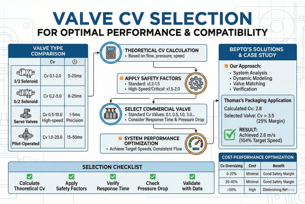 Sveobuhvatna tehnička infografika pod nazivom "Odabir Cv ventila za optimalne performanse i kompatibilnost." Centralni dijagram toka detaljno prikazuje proces odabira: "Teorijski izračun Cv," "Primjena sigurnosnih faktora" (standard 1,2-1,5, za visoke brzine 1,5-2,0), "Odabir komercijalnog ventila" (uzimajući u obzir vrijeme odziva i pad pritiska), i "Optimizacija performansi sistema." Lijeva ploča sadrži tabelu "Usporedba tipova ventila" za solenoidne, servo i pilot ventile. Desna ploča ističe "Bepto-ova rješenja i studiju slučaja" s uspješnom implementacijom u kompaniji Thomas. Na dnu se nalaze "Kontrolna lista za odabir" i tabela "Optimizacija troškova i performansi".