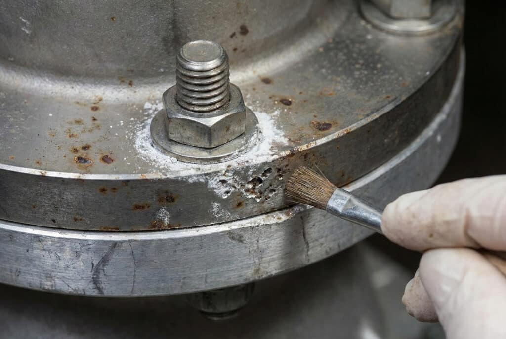 Fotografija izbliza prikazuje rukavicu koja otresa bijele, krečaste naslage i otkriva udubljenu koroziju na spoju dva različita metala na industrijskoj prirubnici, karakteristične znakove galvanske korozije tokom inspekcije.