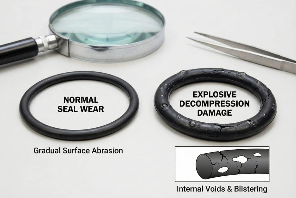 Tehnčka fotografija za poređenje koja prikazuje dva elastomerna brtvena prstena na bijeloj površini, posmatrana kroz povećalo. Lijevi brtveni prsten, označen kao "NORMALNO ISTROŠENJE BRTVE", prikazuje postepeno habanje površine. Desni brtveni prsten, označen kao "ŠTETA OD EKSPLOZIVNE DEKOMPRESIJE", prikazuje stvaranje mjehurića i pucanje površine, a umetnuta presjeka ispod otkriva unutrašnje praznine i stvaranje mjehurića.