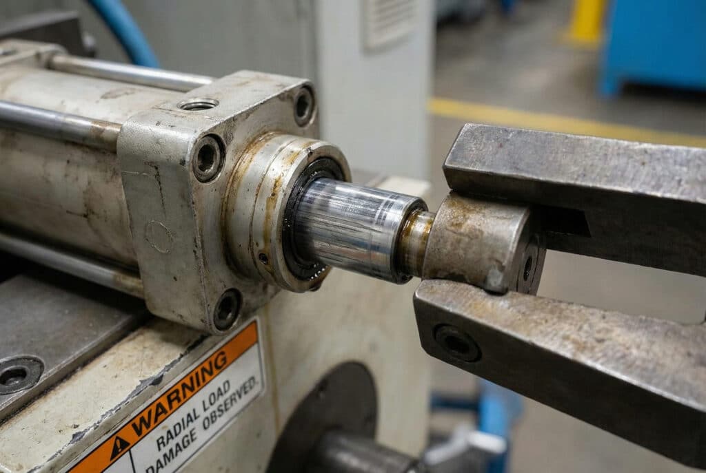 ภาพถ่ายระยะใกล้ของกระบอกสูบแบบนิวแมติกที่เสียหายในสภาพแวดล้อมอุตสาหกรรม แสดงรอยขีดข่วนแนวตั้งบนก้านลูกสูบและรอยรั่วของน้ำมันรอบซีลปลายกระบอกอันเนื่องมาจากแรงกระทำในแนวรัศมี.