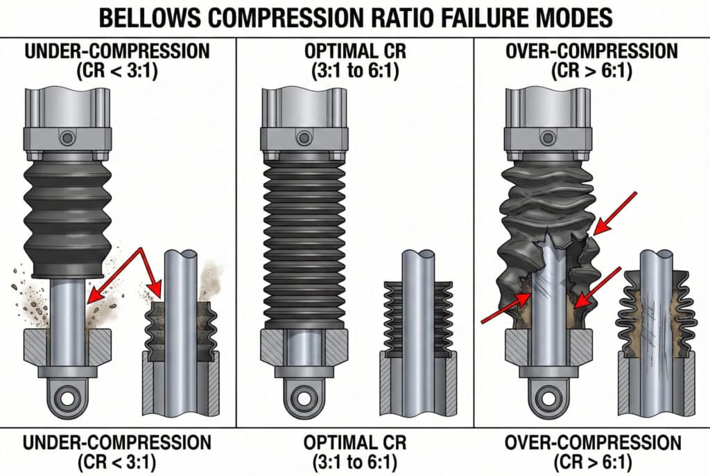 แผนภาพทางเทคนิคสามแผงที่แสดง "รูปแบบความล้มเหลวของอัตราส่วนการบีบอัดแบบ BELLOWS" แผงด้านซ้ายแสดง "การบีบอัดไม่เพียงพอ (CR  6:1)" ซึ่งเกิดการยุบตัวและการฉีกขาดที่ดักจับเศษวัสดุ ทำให้แกนเสียหาย.