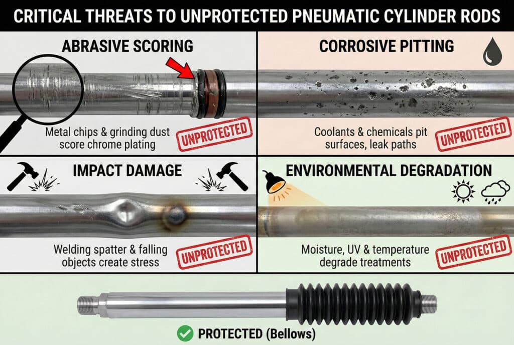 อินโฟกราฟิกเชิงเทคนิคที่แบ่งออกเป็นสี่ส่วน แสดงถึงภัยคุกคามที่สำคัญต่อแกนกระบอกสูบนิวเมติกที่ไม่ได้รับการป้องกัน โดยแต่ละส่วนมีชื่อว่า "รอยขีดข่วนจากวัสดุขัดถู" "การกัดกร่อนเป็นหลุม" "ความเสียหายจากแรงกระแทก" และ "การเสื่อมสภาพจากสภาพแวดล้อม" แต่ละส่วนจะแสดงภาพระยะใกล้ของแกนกระบอกสูบที่เสียหายพร้อมข้อความอธิบายและตราประทับ "ไม่ได้รับการป้องกัน" ที่ด้านล่าง แสดงแท่งโลหะที่สะอาดพร้อมบูทเบลโลว์ โดยมีเครื่องหมายถูกสีเขียวและป้ายกำกับว่า "ได้รับการป้องกัน (เบลโลว์)"