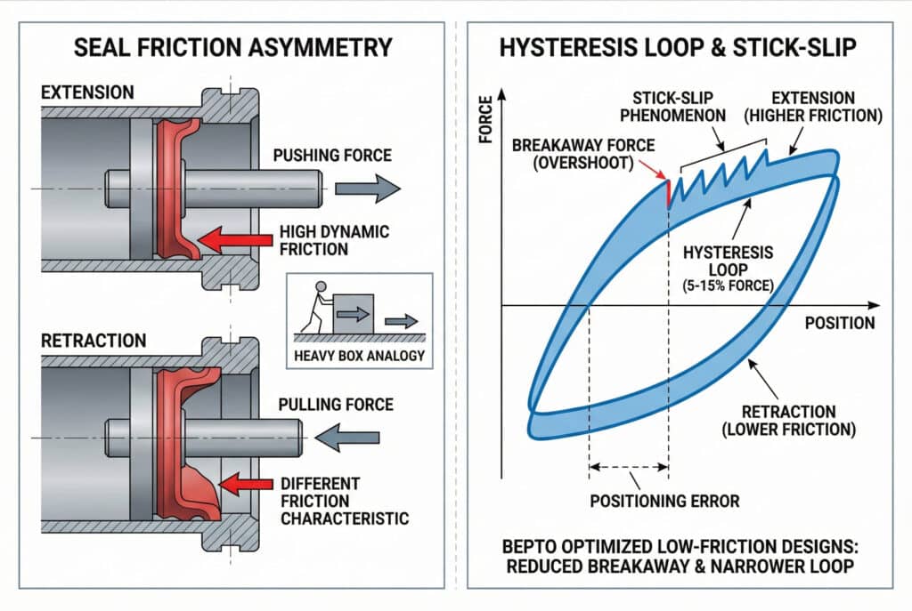 Tehnička infografika s dva panela koja vizualiziraju histerezu trenja brtve u pneumatskom cilindru. Lijevi panel, "ASIMETRIJA TRENJA BRTVE", prikazuje poprečne presjeke klipa i brtve tokom izduženja i uvlačenja, ilustrirajući različite sile trenja i deformacije. Uključuje umetak "ANALOGIJA TEŠKE KUTIJE". Desni panel, "HISTEREZA I LJEPIČENJE-KLIZANJE", sadrži dijagram sila i položaja koji prikazuje plavu petlju histereze s nazubljenim dijelom "FENOMEN LJEPIČENJA-KLIZANJA", s oznakama "SILA ODVAJANJA", "GREŠKA U POZICIJI" i različitim trenjem tokom izduženja i uvlačenja.