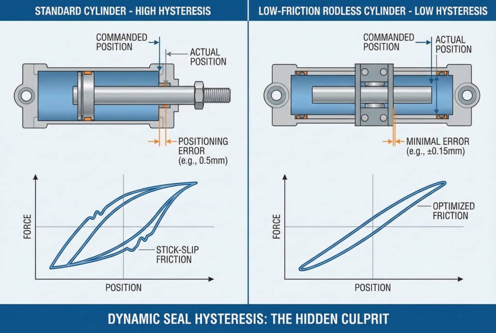Infografía técnica que compara el error de posicionamiento y la histéresis de fricción entre un "cilindro estándar" y un "cilindro sin vástago de baja fricción". El lado izquierdo muestra un cilindro estándar con un "error de posicionamiento" significativo (por ejemplo, 0,5 mm) y un bucle de fuerza-posición amplio e irregular denominado "fricción stick-slip". El lado derecho muestra un cilindro sin vástago con un "error mínimo (por ejemplo, ±0,15 mm)" y un bucle estrecho y suave etiquetado como "fricción optimizada", que explica visualmente el concepto de histéresis de sellado dinámico.
