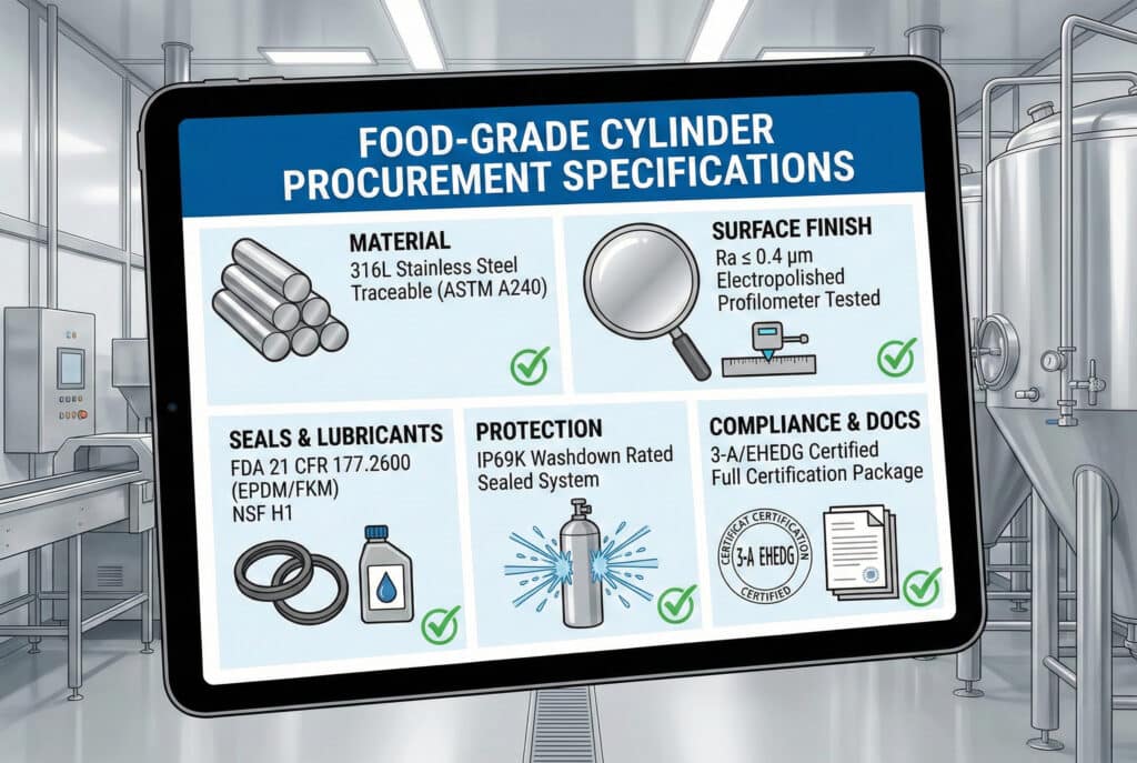 Infografika prikazana na ekranu tableta u postrojenju za preradu hrane, koja prikazuje "SPECIFIKACIJE ZA NABAVKU CILINDARA PREHRAMBENE KVALITETE". Detaljno navodi zahtjeve za materijal (316L nehrđajući čelik), završnu obradu površine (Ra ≤ 0,4 µm), brtve i maziva (FDA 21 CFR 177.2600), zaštitu (IP69K, ocjena za pranje), te usklađenost i dokumentaciju (3-A/EHEDG certificirano). Svaki odjeljak sadrži odgovarajuće ikone i oznake za potvrdu.