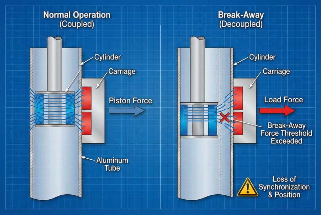 תרשים טכני הממחיש את הרעיון של ניתוק צימוד מגנטי בצילינדר ללא מוט. הלוח השמאלי, "פעולה רגילה (מצומדת)", מראה את הבוכנה הפנימית והמנגנון החיצוני מכוונים באופן מושלם ונעים יחד באמצעות כוח מגנטי. הפאנל הימני, "ניתוק (מנותק)", מראה את המנשא החיצוני מפגר מאחור עקב "כוח עומס" מוגזם, מה שמפרק את החיבור המגנטי וגורם ל"אובדן סנכרון ומיקום"."
