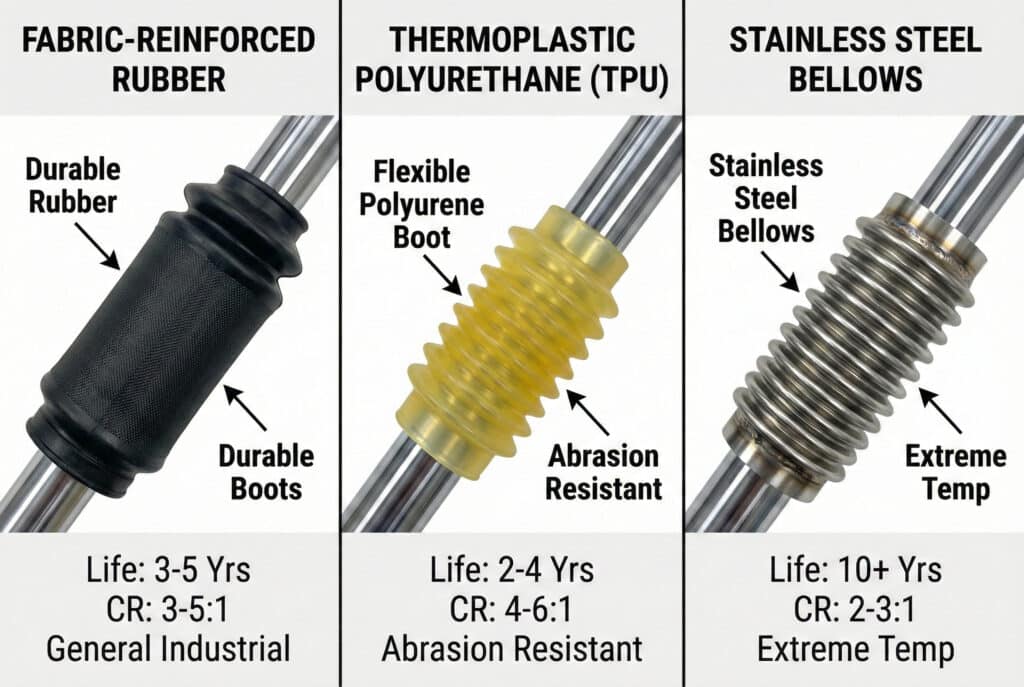 การเปรียบเทียบทางเทคนิคแบบสามแผงที่แสดงวัสดุของลูกสูบแบบเบลล์สำหรับกระบอกลมที่ติดตั้งบนแกนต่างๆ แผงซ้าย, "ยางเสริมผ้า," แสดงบูทยางสีดำและระบุคุณสมบัติ: "อายุการใช้งาน: 3-5 ปี", "CR: 3-5:1", "อุตสาหกรรมทั่วไป". แผงตรงกลาง "เทอร์โมพลาสติกโพลียูรีเทน (TPU)" แสดงรองเท้าบู๊ทสีเหลืองโปร่งแสงพร้อมคุณสมบัติ: "อายุการใช้งาน: 2-4 ปี", "CR: 4-6:1", "ทนต่อการขัดถู". แผงด้านขวา "STAINLESS STEEL BELLOWS" แสดงภาพเบลโลว์โลหะพร้อมคุณสมบัติ: "อายุการใช้งาน: 10 ปีขึ้นไป", "อัตราส่วนการขยาย: 2-3:1", "อุณหภูมิสุดขีด".