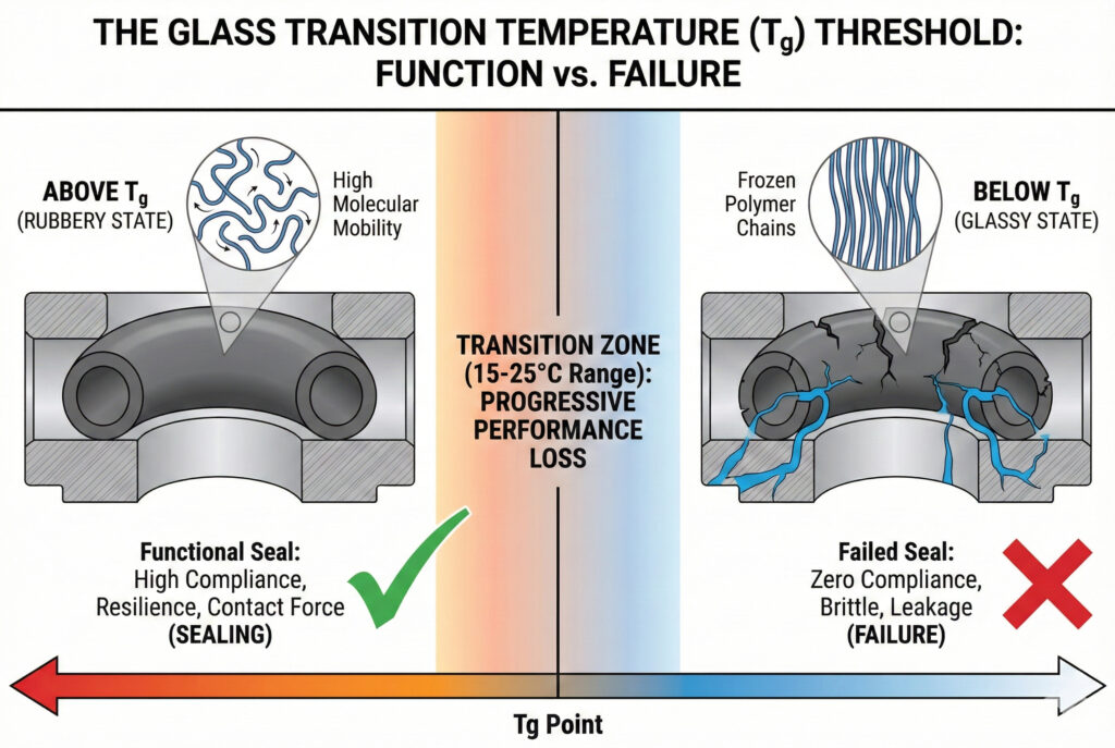 Tehnička infografika pod nazivom "PRAG TEMPERATURE PRELAZA STAKLA (Tg): FUNKCIJA naspram ZAKAZIVANJA." Vidno kontrastira "IZNAD Tg (GUMENASTO STANJE)" s lijeve strane, prikazujući fleksibilno brtvljenje s visokom molekularnom pokretljivošću i uspješno brtvljenje, nasuprot "ISPOD Tg (STAKLASTO STANJE)" s desne strane, gdje je brtva krhka s zamrznutim polimernim lancima, što uzrokuje pucanje i curenje. Centralna "ZONA PRELAZA" ističe postepeni gubitak performansi pri prolazu kroz Tg.