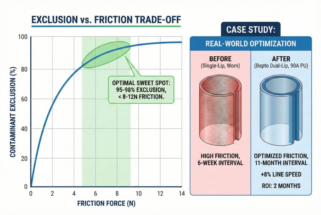 Tehnička infografika pod naslovom "EXCLUSION vs. FRICTION TRADE-OFF" prikazuje grafikon koji poredi "CONTAMINANT EXCLUSION (%)" i "FRICTION FORCE (N)", ističući "OPTIMAL SWEET SPOT: 95-98% EXCLUSION, < 8-12N FRICTION." S desne strane, "STUDIJA SLUČAJA: OPTIMIZACIJA U STVARNOM SVIJETU" uspoređuje cilindar "PRIJE (jedan usni, istrošen)" sa "VISOKOM SILA TRENJA, INTERVALOM OD 6 SEDMICA" i "NAKON (Bepto dvostruki usni, 90A PU)" cilindar sa "OPTIMIZIRANIM TRENJEM, 11-MJESEČNI INTERVAL", "+8% BRZINA LINije", i "ROI: 2 MJESECA".