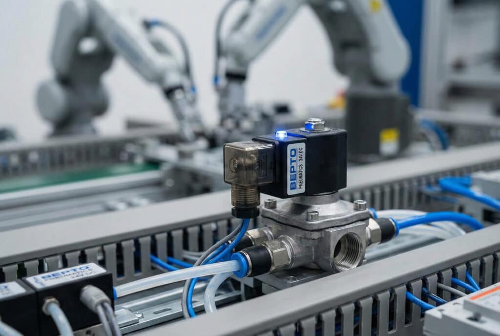 Krupni plan fotografije aktivnog Bepto Pneumatics solenoidnog ventila, sa osvijetljenom plavom LED indikatorskom lampicom, montiranog unutar industrijske kontrolne ploče. Pneumatske cijevi i ožičenje povezuju se na ventil, koji upravlja zamućenim robotskim automatiziranim rukama koje rade na pozadinskoj proizvodnoj traci.