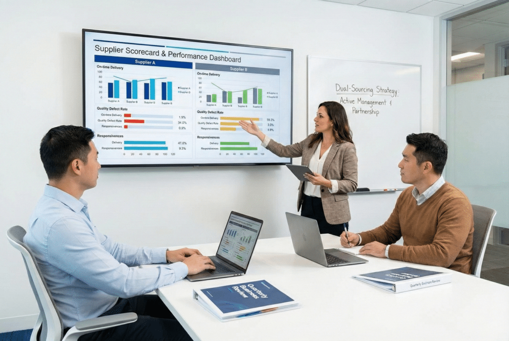 Poslovni tim u modernoj konferencijskoj sali pregledava "Kartu ocjenjivanja dobavljača i kontrolnu tablu performansi" na velikom ekranu, uspoređujući metrike za dobavljača A i B. Žena predstavlja podatke dvama kolegama koji imaju fascikle "Quarterly Business Review", dok iza njih na bijeloj ploči je nacrtana "Strategija dvostrukog nabavljanja"."