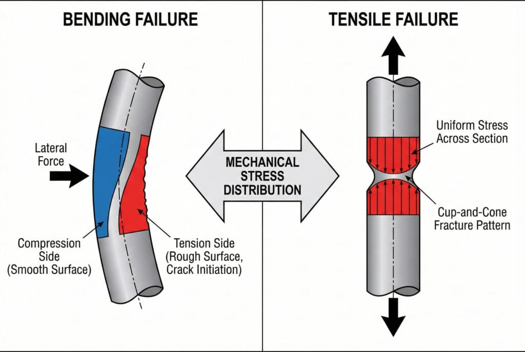 แผนภาพทางเทคนิคที่เปรียบเทียบความล้มเหลวจากการงอและความล้มเหลวจากการดึงในแท่งโลหะ แผงด้านซ้าย "ความล้มเหลวจากการงอ" แสดงแรงด้านข้างที่ทำให้เกิดความเค้นไม่สม่ำเสมอ โดยมีด้านอัดเรียบและด้านดึงที่ขรุขระ แผงด้านขวา "ความล้มเหลวจากการดึง" แสดงแรงตามแนวแกนที่ทำให้เกิดความเค้นสม่ำเสมอและรูปแบบการแตกหักแบบถ้วยและกรวย ลูกศรตรงกลางเชื่อมโยงทั้งสองเข้ากับ "การกระจายความเค้นทางกล"