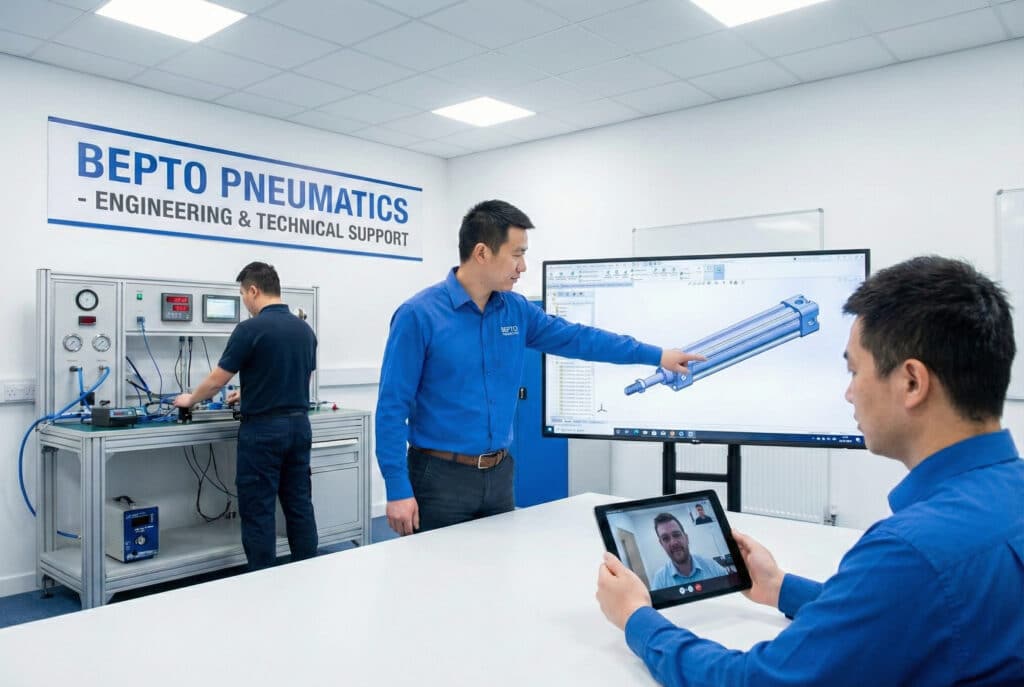 מהנדסים בחברת Bepto Pneumatics עובדים בשיתוף פעולה במתקן מודרני. מהנדס אחד מצביע על מודל CAD תלת-ממדי של צילינדר על מסך גדול, מהנדס אחר משתתף בוועידת וידאו בטאבלט, ומהנדס שלישי עובד בתחנת בדיקה טכנית עם מדדים שונים. על הקיר תלוי שלט עם הכיתוב "BEPTO PNEUMATICS - ENGINEERING & TECHNICAL SUPPORT" (BEPTO PNEUMATICS - הנדסה ותמיכה טכנית).