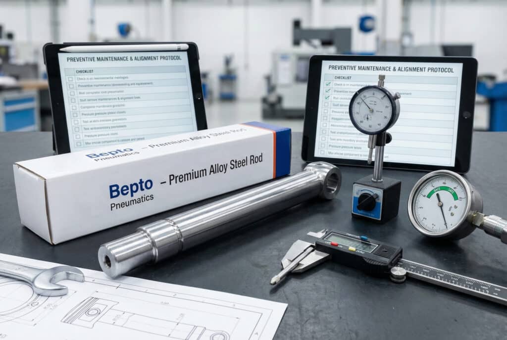 โต๊ะทำงานที่จัดแสดงก้านลูกสูบ Bepto Pneumatics ใหม่ในกล่อง พร้อมเครื่องมือวัด เช่น คาลิเปอร์, ไดอัลอินดิเคเตอร์ และเกจวัดแรงดัน แท็บเล็ตสองเครื่องแสดงรายการตรวจสอบ "ขั้นตอนการบำรุงรักษาเชิงป้องกันและการปรับแนว" โดยเน้นความสำคัญของการดำเนินการเชิงรุกและชิ้นส่วนที่มีคุณภาพ.