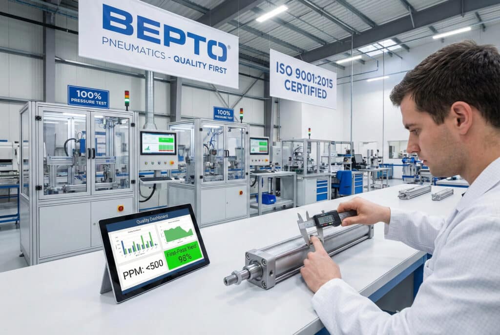 טכנאי במעבדת בקרת איכות מודרנית בחברת Bepto Pneumatics משתמש בקליפרים דיגיטליים כדי לבדוק צילינדר ללא מוט. טאבלט מציג מדדי איכות בזמן אמת המראים "<500 PPM" ו-"First-Pass Yield: 98%". תחנות אוטומטיות ברקע מבצעות "100% PRESSURE TEST", וכרזות מאשרות "ISO 9001:2015 CERTIFIED", הממחישות מערכת ניהול איכות שקופה וחזקה.