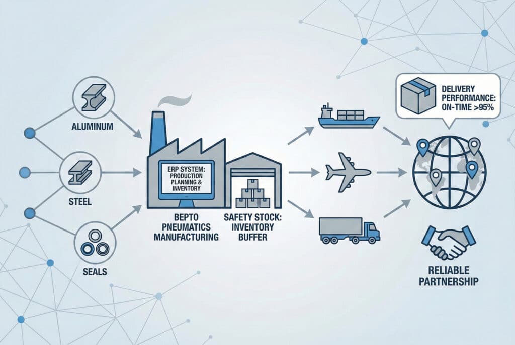 אינפוגרפיקה הממחישה את שרשרת האספקה והלוגיסטיקה החזקה של Bepto Pneumatics. בצד שמאל, סמלים של אלומיניום, פלדה וחותמות מחוברים למפעל. סמל המפעל כולל מסך "ERP SYSTEM" לתכנון הייצור ומחסן "SAFETY STOCK" למלאי חירום. חצים מובילים מהמפעל לסמלים של ספינה, מטוס ומשאית, כולם מצביעים על גלובוס. סמל חבילה מדגיש "ביצועי משלוח: בזמן >95%", וסמל לחיצת יד מסמל "שותפות אמינה". הרקע הוא רשת של קשרים.