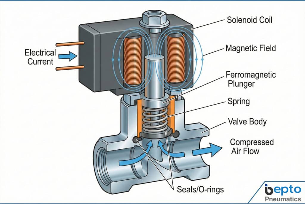 Tehnički presjek dijagrama koji ilustrira radni princip solenoidnog ventila Bepto Pneumatics. Strelicama je prikazan električni tok koji stvara magnetno polje u zavojnici, podižući feromagnetni klip protiv opruge, što omogućava protok komprimiranog zraka kroz kanale kućišta ventila.