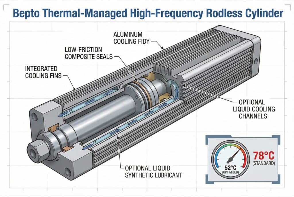 แผนภาพตัดขวางทางเทคนิคของกระบอกสูบไร้ก้านความถี่สูงแบบจัดการความร้อน Bepto Thermal-Managed แสดงคุณสมบัติสำคัญ เช่น ครีบระบายความร้อนในตัว ซีลแรงเสียดทานต่ำ และช่องระบายความร้อนด้วยของเหลวแบบเลือกได้ ซึ่งช่วยลดอุณหภูมิการทำงานจาก 78°C เหลือ 52°C.