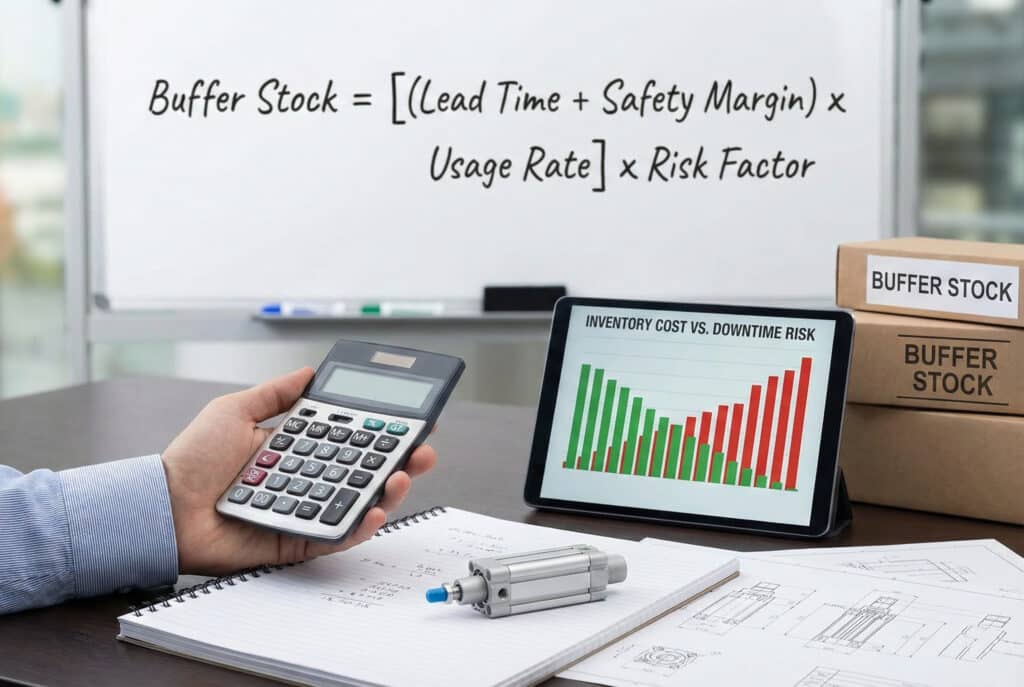 Profesionalni uredski stol s rukom koja drži kalkulator. U pozadini je bijela ploča na kojoj je prikazana formula za zalihu jastučića: "Zaliha jastučića = [(Vrijeme isporuke + sigurnosna marža) x stopa potrošnje] x faktor rizika". Tablet prikazuje grafikon "KOST OSIGURANJA ZALIHA NASPRAM RIZIKA OD PREKIDA RADA", a kutije označene "ZALIHA JASTOČIĆA" stoje pored pneumatskog cilindra i tehničkih crteža.