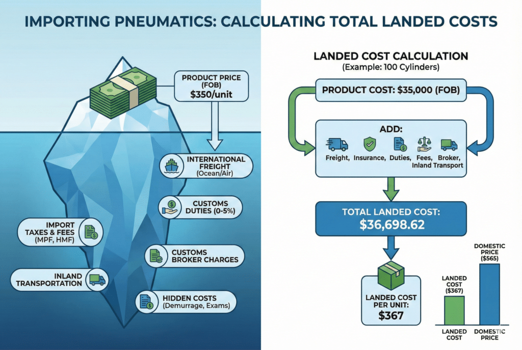 Dvodijelna infografika koja ilustrira izračune ukupnih troškova isporuke uvezenih pneumatika. Lijeva strana koristi metaforu ledenog brijega kako bi prikazala skrivene troškove poput prijevoza, carina i poreza ispod vidljive FOB cijene proizvoda. Desna strana detaljno prikazuje konkretan primjer izračuna za 100 cilindara, pokazujući kako dodatne naknade rezultiraju konačnim troškom isporuke po jedinici od $367 u usporedbi s domaćom cijenom od $565.