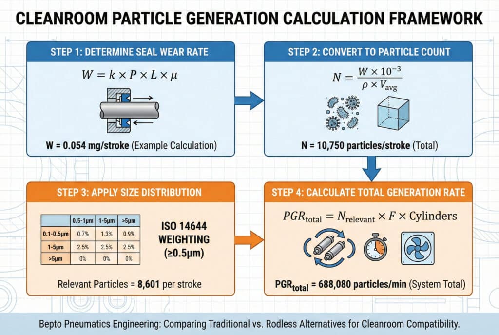 Tehnička dijagramska shema pod nazivom "OKVIR ZA PRORAČUN GENERISANJA ČESTICA U ČISTOJ SOBICI". Ona detaljno opisuje proces u četiri koraka: 1. Odrediti brzinu habanja brtve (W) pomoću formule W=k×P×L×μ, s primjerom od 0,054 mg po hodu. 2.  Pretvoriti u broj čestica (N) pomoću N=(W×10⁻³)/(ρ×V_avg), s primjerom od 10.750 čestica po hodu. 3. Primijeniti raspodjelu veličine čestica prema ISO 14644 ponderiranju za čestice ≥0,5 μm, što rezultira s 8.601 relevantnih čestica po hodu. 4. Izračunajte ukupnu stopu generacije (PGR_total) koristeći PGR_total = N_relevant × F × Cylinders, s konačnim primjerom ukupnog sistema od 688.080 čestica/min. Na dnu grafikona piše "Bepto Pneumatics Engineering: Usporedba tradicionalnih i bezkliznih alternativa za kompatibilnost s čistom sobom."