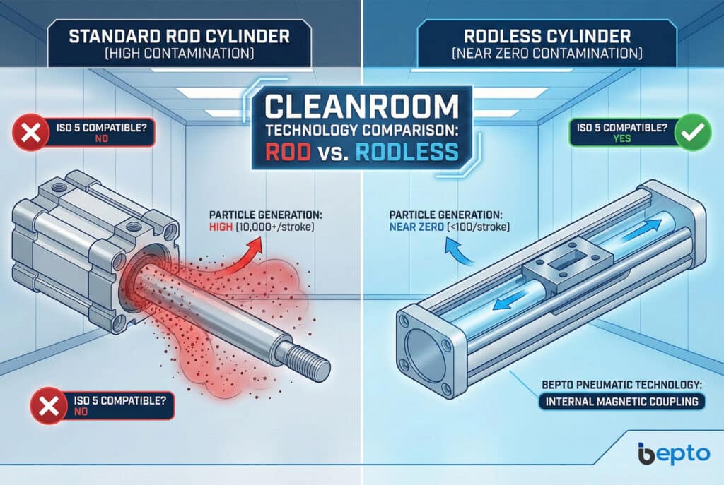 Detaljna infografika koja upoređuje prikladnost čiste sobe. S lijeva je prikazan "standardni cilindar sa šipkom" koji stvara visoku kontaminaciju česticama (crveni oblak, 10.000+/hod) i označen crvenim 'X" znakovima kao nekompatibilan sa ISO 5. S desne strane je prikazan "cilindar bez klipa" koji koristi tehnologiju unutrašnjeg magnetskog prijenosa kompanije Bepto Pneumatic, sa gotovo nultom generacijom čestica (plavi sjaj, <100/hod) i označen zelenim kvačicom kao kompatibilan sa ISO 5.