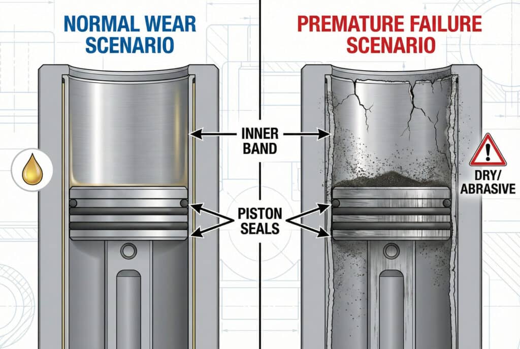 תרשים טכני מפוצל המשווה בין 'תרחיש בלאי רגיל' עם שימון נאות ורכיבים נקיים (משמאל) לבין 'תרחיש כשל מוקדם' המציג רצועה פנימית סדוקה ומזוהמת וחותמות בוכנה שחוקות עקב תנאים יבשים ושוחקים (מימין).