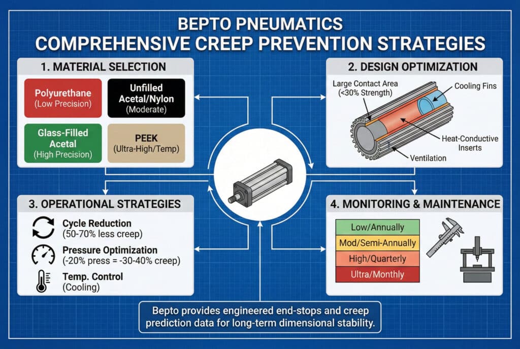 อินโฟกราฟิกเชิงเทคนิคแบบพิมพ์เขียวที่แสดงกลยุทธ์ที่ครอบคลุมของ Bepto Pneumatics ในการป้องกันการเสียรูปจากการยืดตัว รายละเอียดประกอบด้วยแนวทางที่เชื่อมโยงกันสี่ประการ: การเลือกวัสดุตามข้อกำหนดความแม่นยำ, คุณสมบัติการออกแบบที่ช่วยเพิ่มประสิทธิภาพ เช่น ครีบระบายความร้อนและพื้นที่สัมผัสขนาดใหญ่, กลยุทธ์การดำเนินงานที่รวมถึงการลดรอบการทำงานและความดัน, และโปรแกรมการตรวจสอบและบำรุงรักษาที่มีโครงสร้างพร้อมความถี่ที่กำหนดไว้.