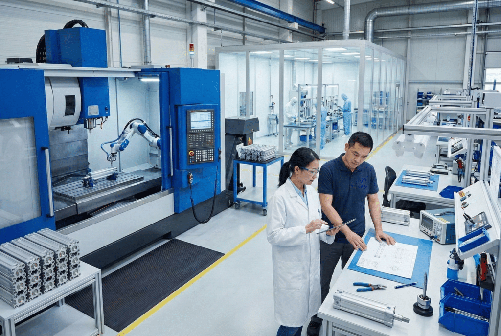 Moderna, dobro organizirana proizvodna pogon za brendirane proizvode s CNC centrom za obradu, čistom montažnom prostorijom i inženjerskim timom koji pregledava nacrte.